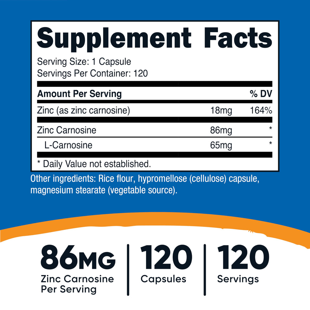 Nutricost Zinc Carnosine 86mg bottle side label