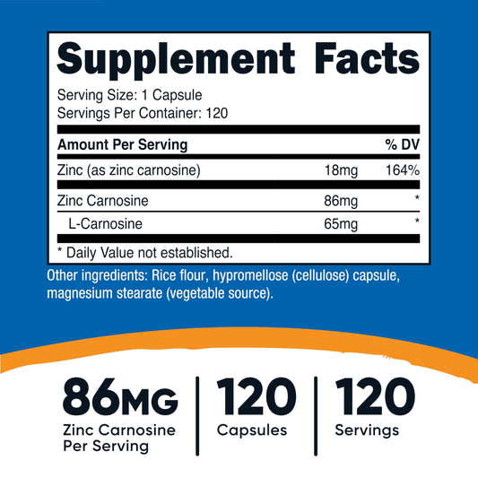 Nutricost Zinc Carnosine 86mg bottle side label