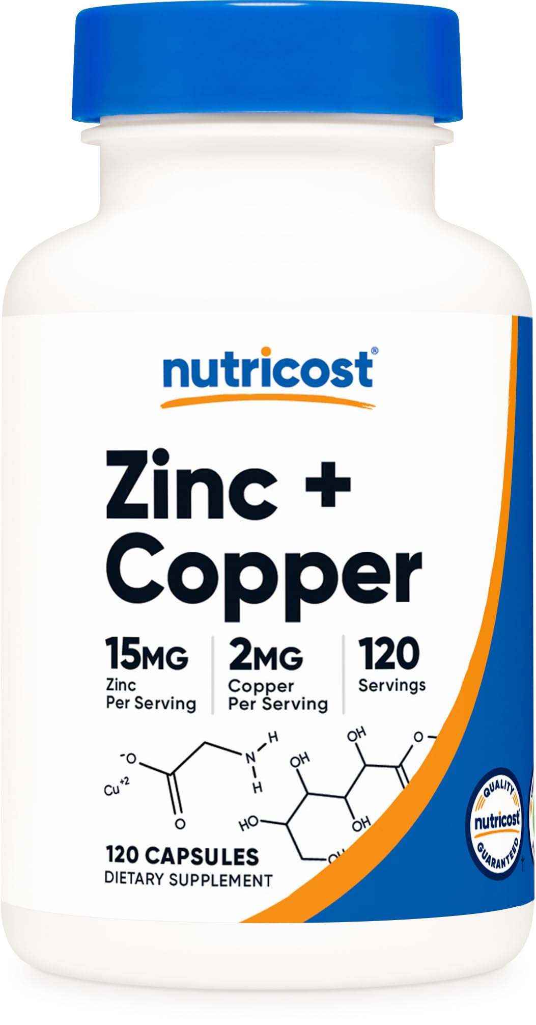 Nutricost Zinc + Copper Capsules bottle label with 120 capsules
