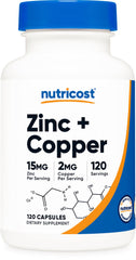 Nutricost Zinc + Copper Capsules bottle label with 120 capsules