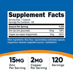 Zinc 15 mg and Copper 2 mg per serving details on packaging