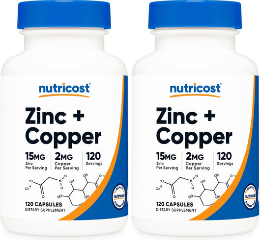 Nutricost Zinc + Copper Capsules bottle displaying 120 servings
