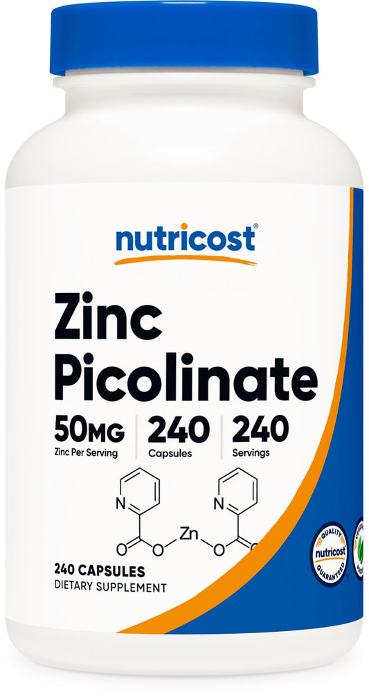 Nutricost Zinc Picolinate 50mg bottle label with 240 vegetarian capsules