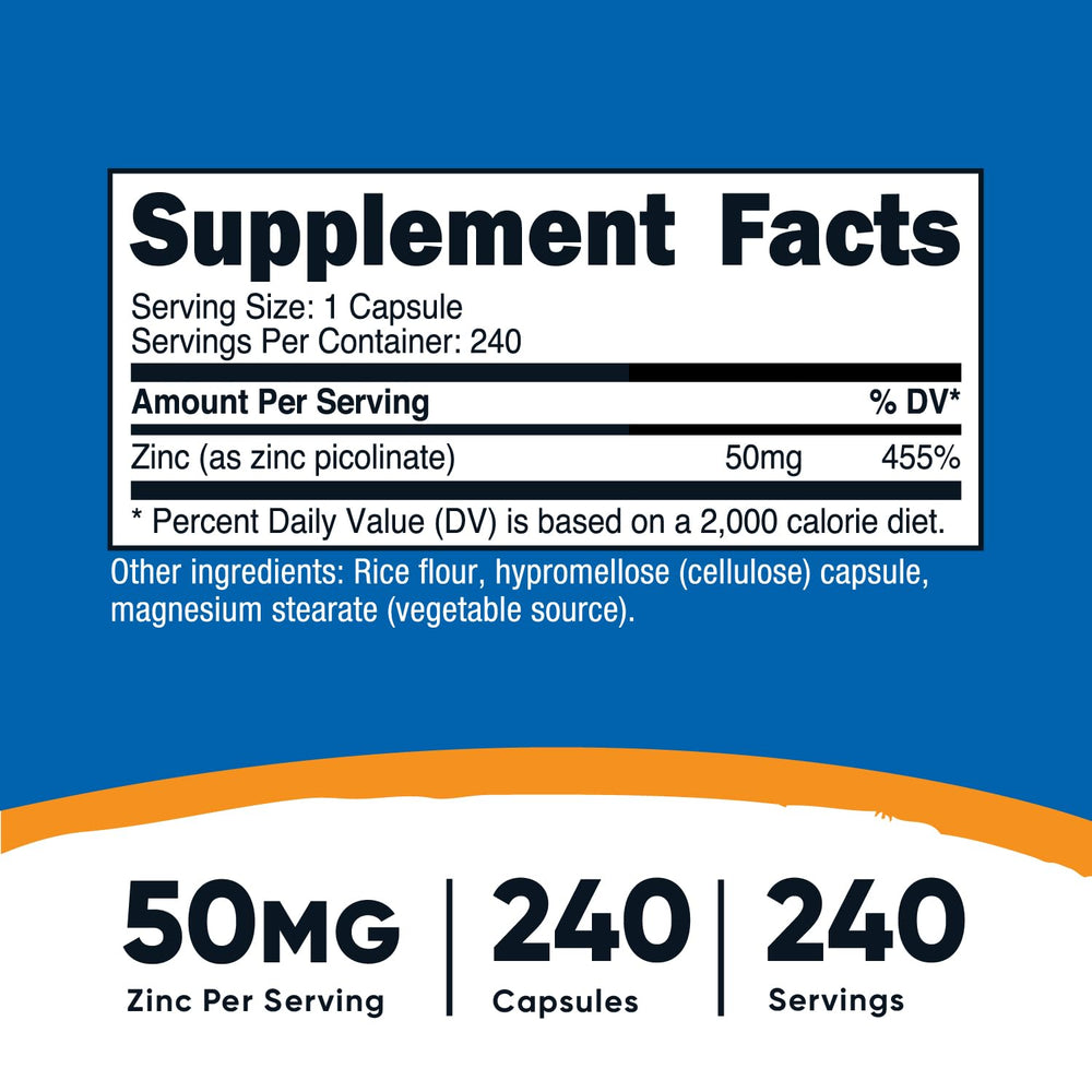 Close-up of Nutricost zinc bottle showing 50 mg per serving