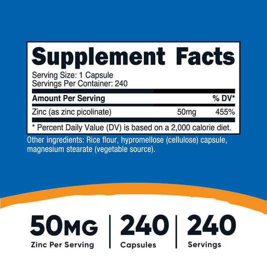 Close-up of Nutricost zinc bottle showing 50 mg per serving