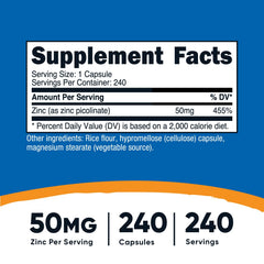 Close-up of Nutricost zinc bottle showing 50 mg per serving