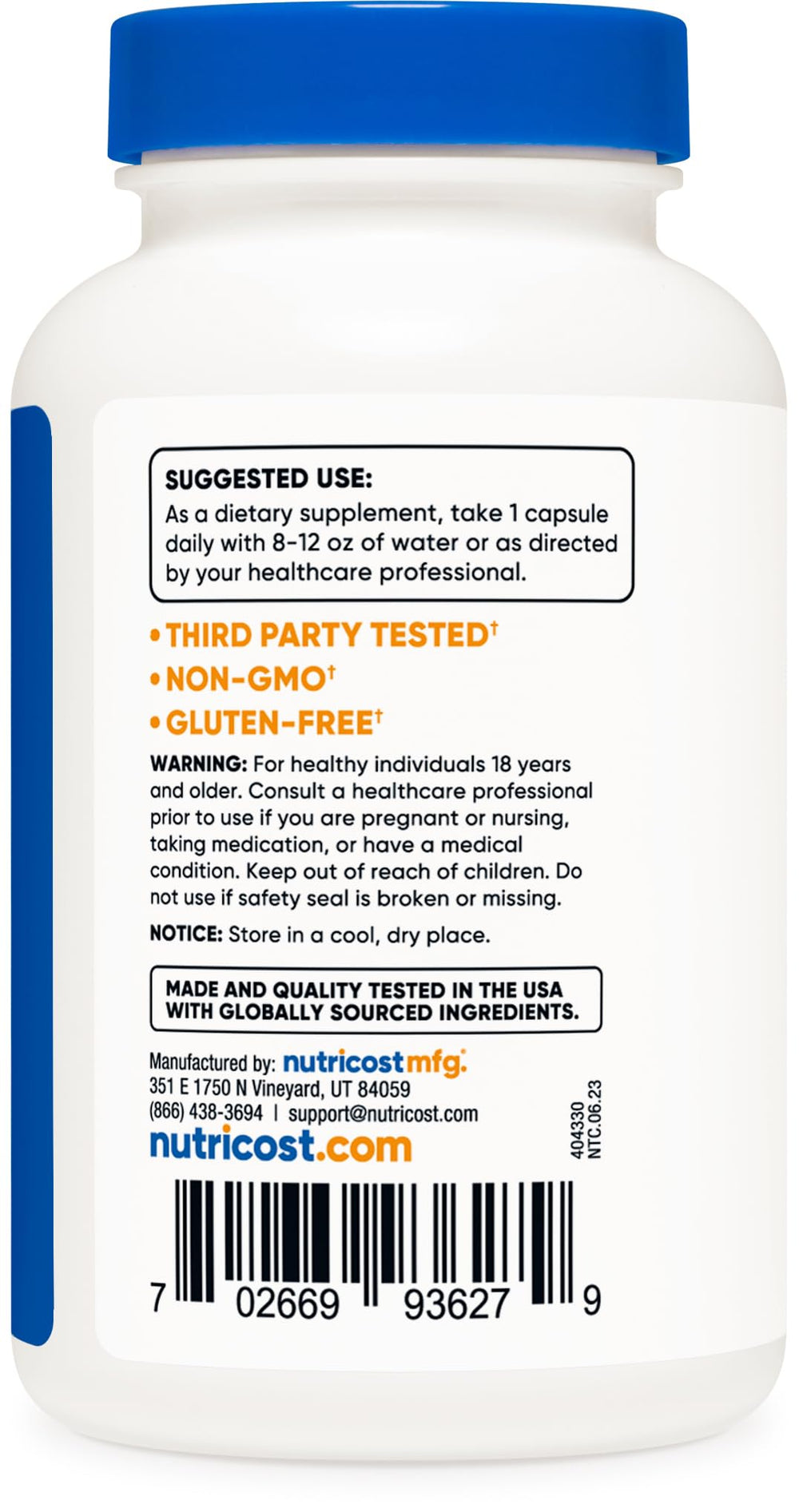 Gluten Free and Non-GMO icons on Nutricost packaging