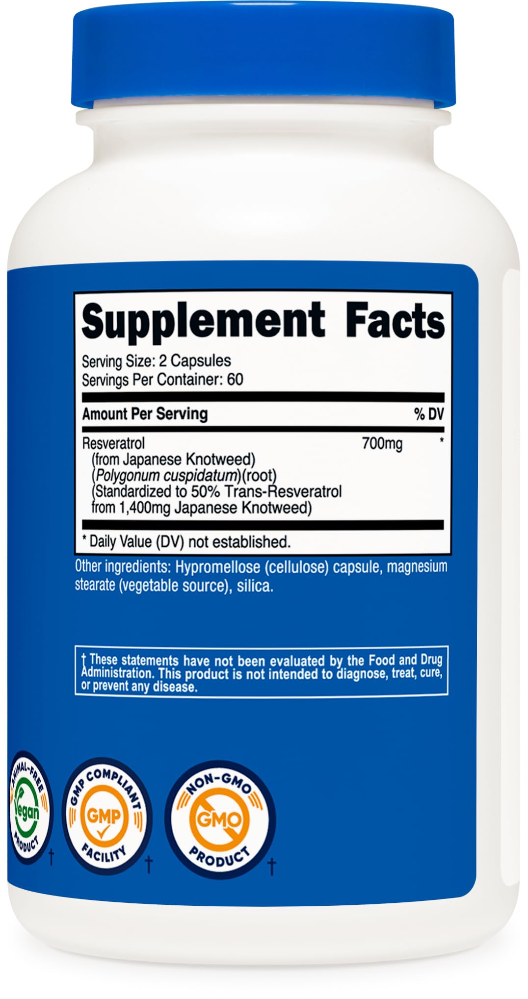 Nutrition label displaying 700mg per serving and 50% Trans-Resveratrol