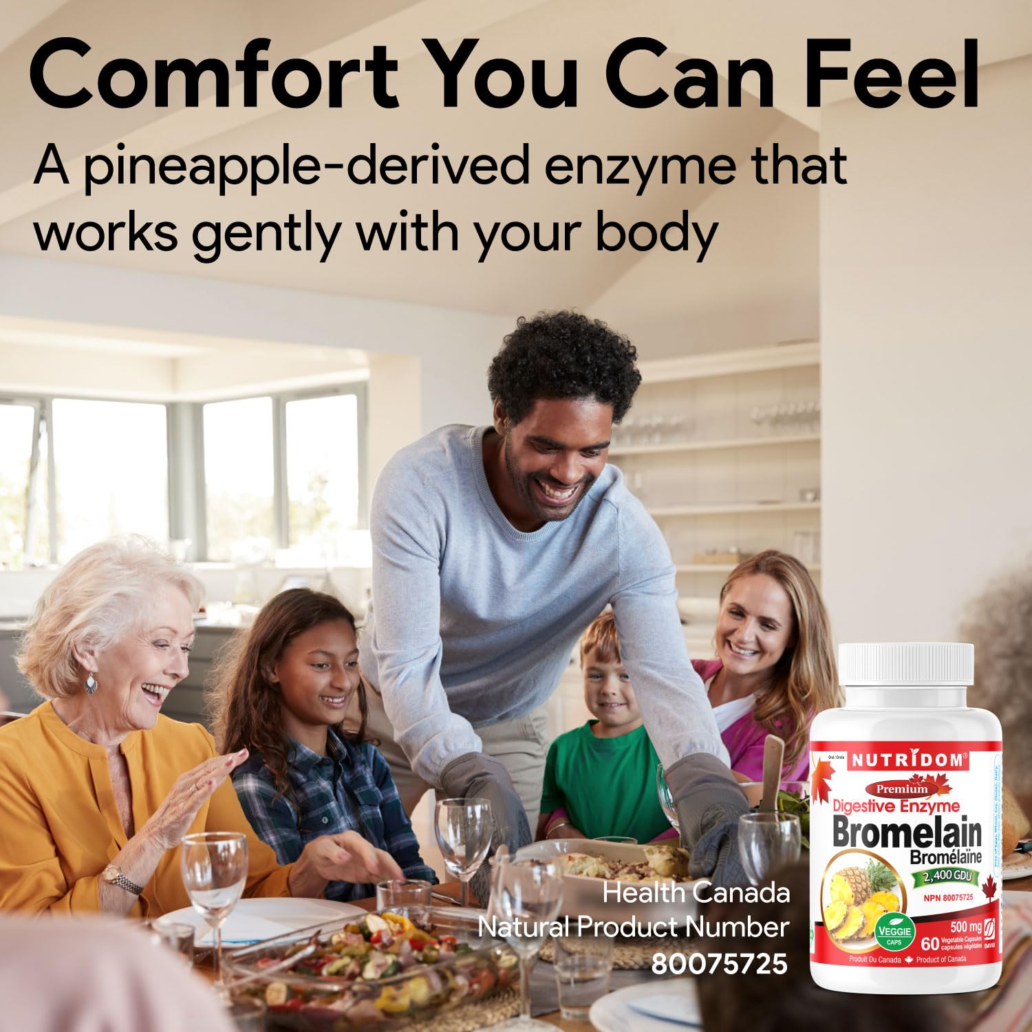 Gluten-free, soy-free, and dairy-free allergen-free label on container