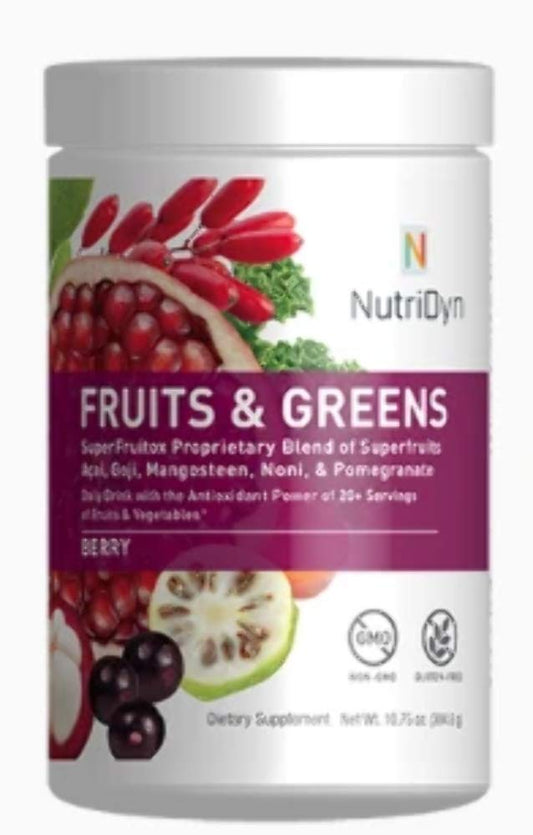 Canister of NutriDyn Fruits & Greens Berry flavor certified organic daily drink