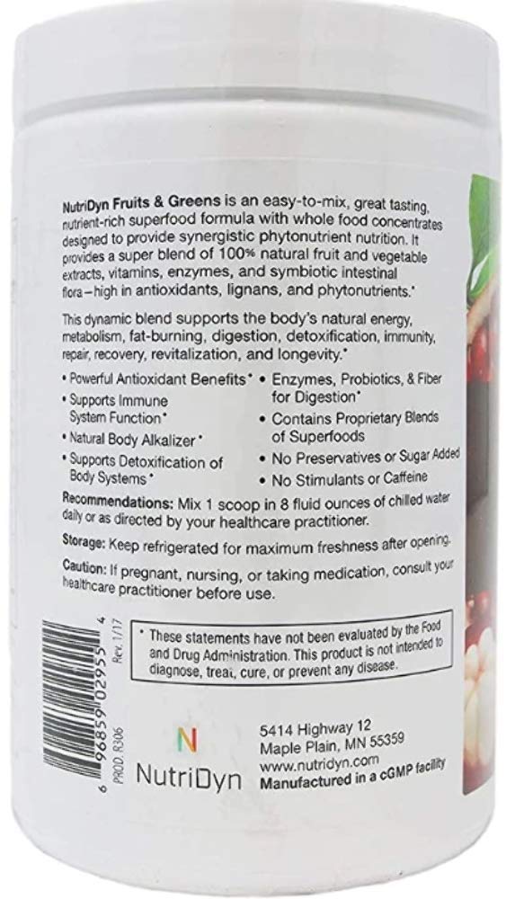 NutriDyn Fruits & Greens Berry powder with green superfoods such as spirulina, chlorella and kelp