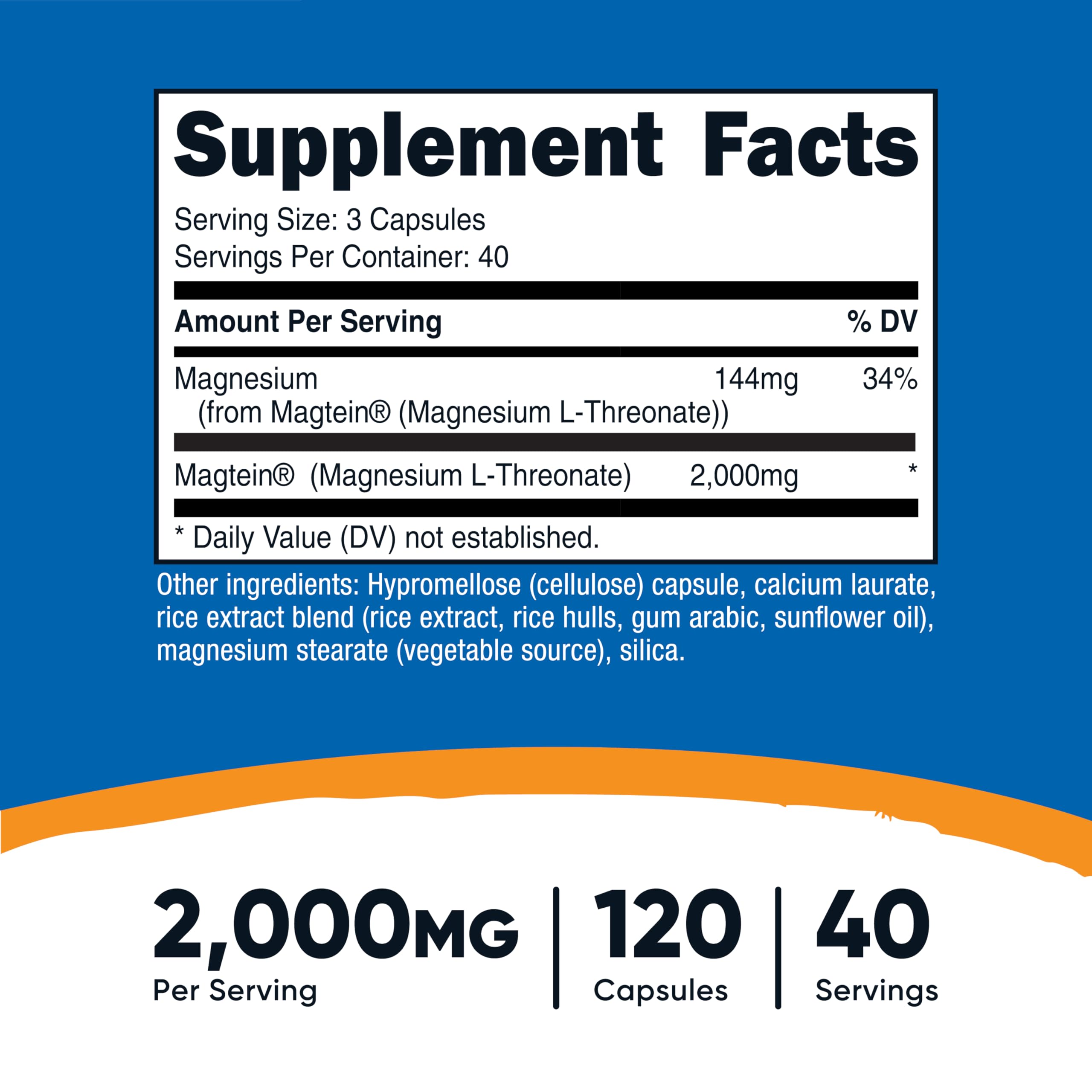 Nutricost Magtein bottle label: highlights 2,000 mg per serving