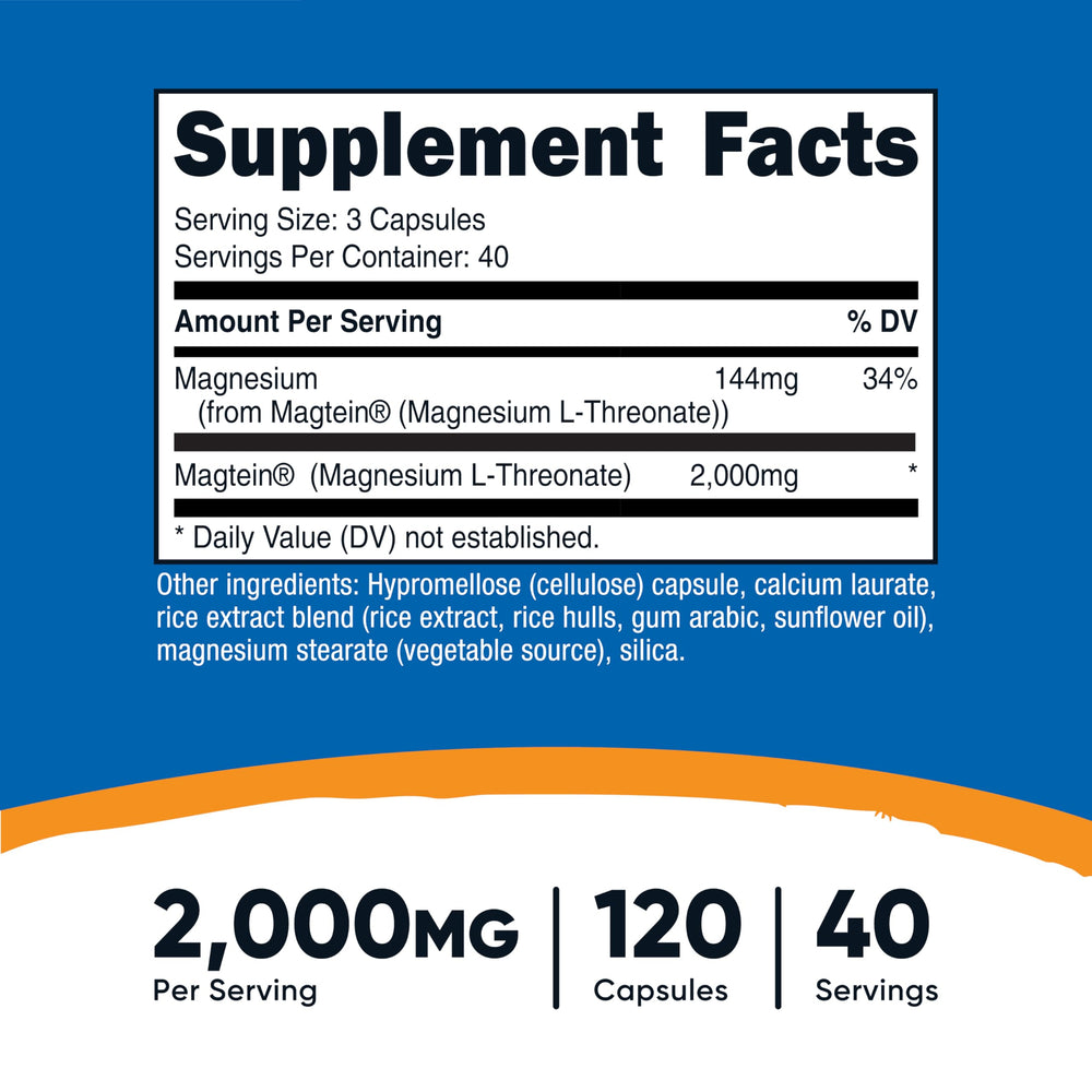 Nutricost Magtein bottle label: highlights 2,000 mg per serving