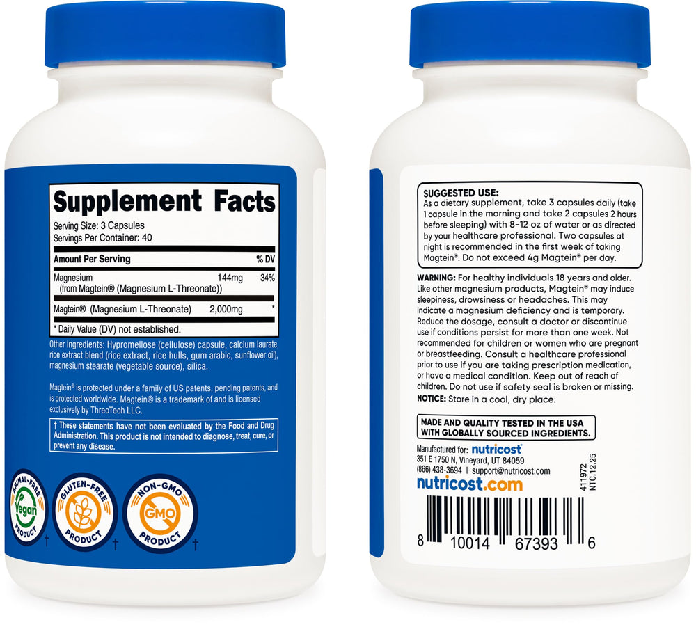 Nutricost Magtein capsules closeup: easy-to-swallow capsules