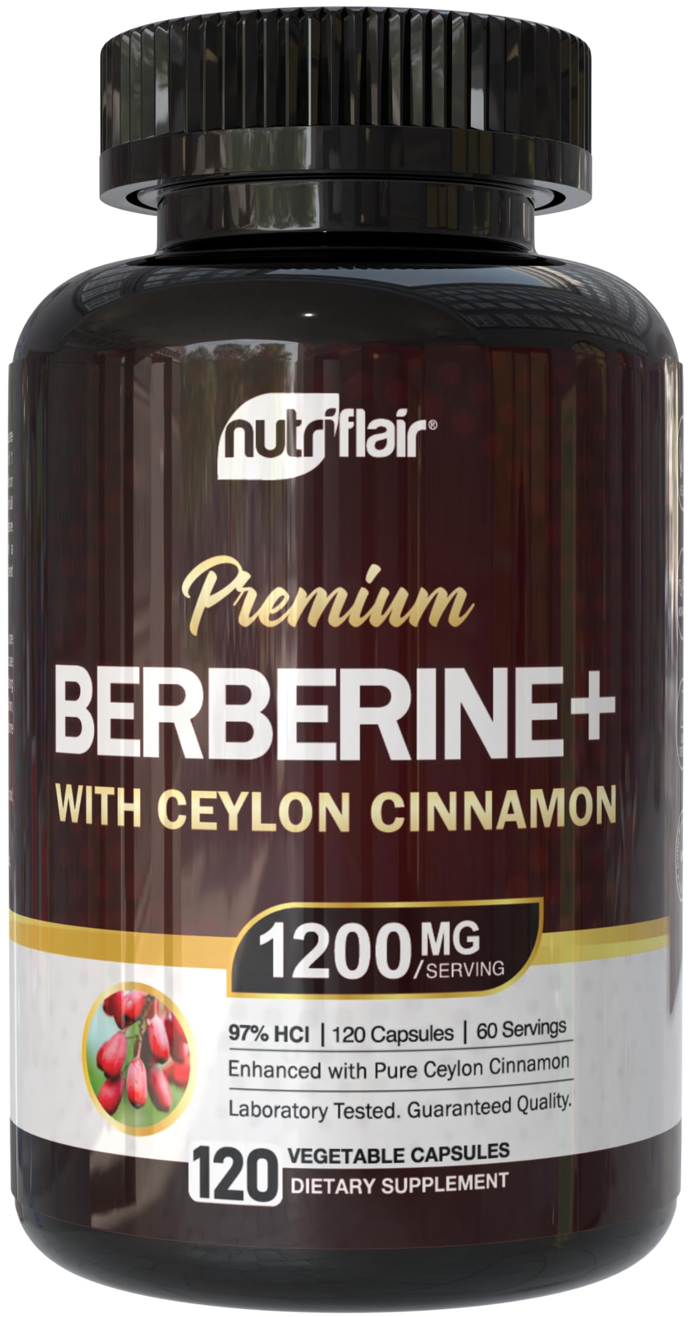 Front view of NutriFlair Berberine HCl 97% with Ceylon Cinnamon bottle.