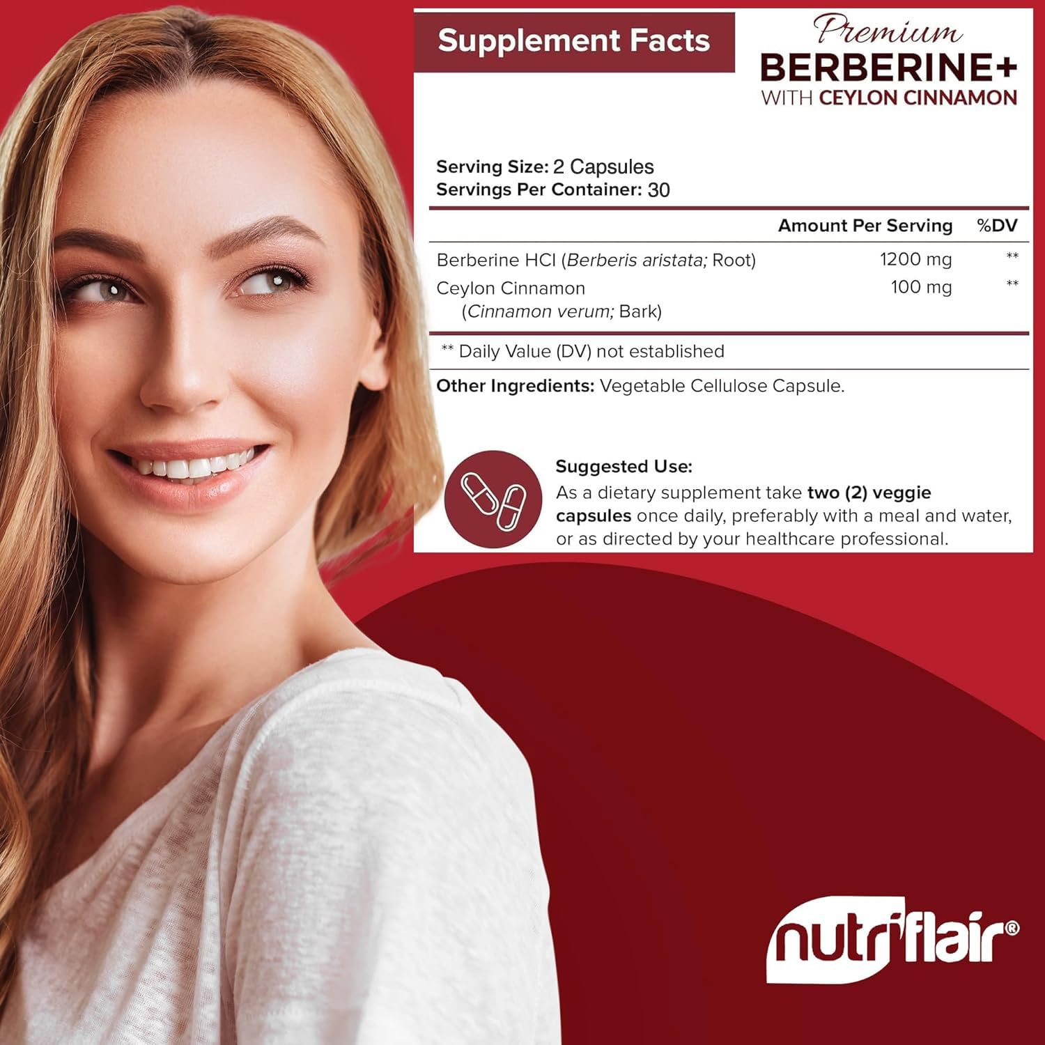 NutriFlair Berberine HCL 1200mg label with Cinnamon - product label