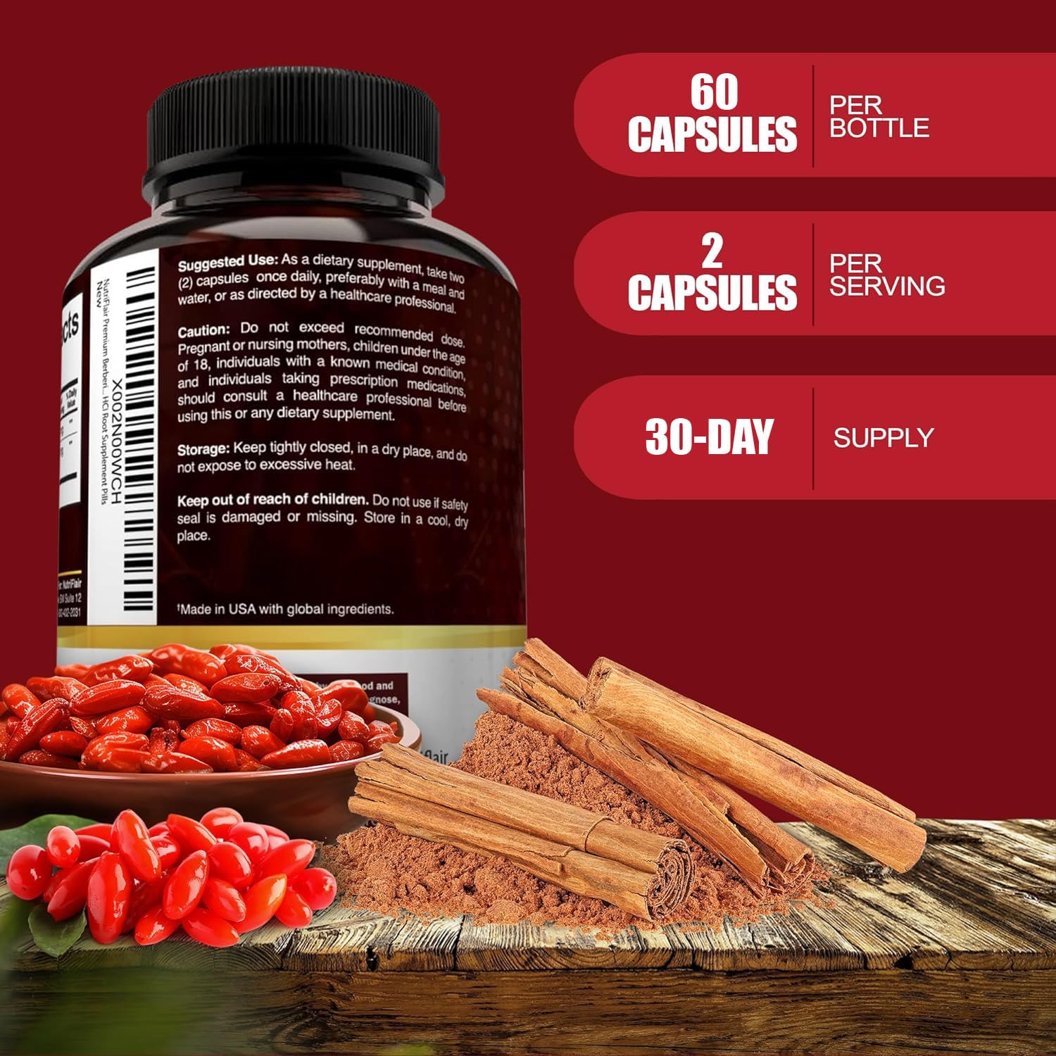 Ingredients: Berberine HCL and True Ceylon Cinnamon