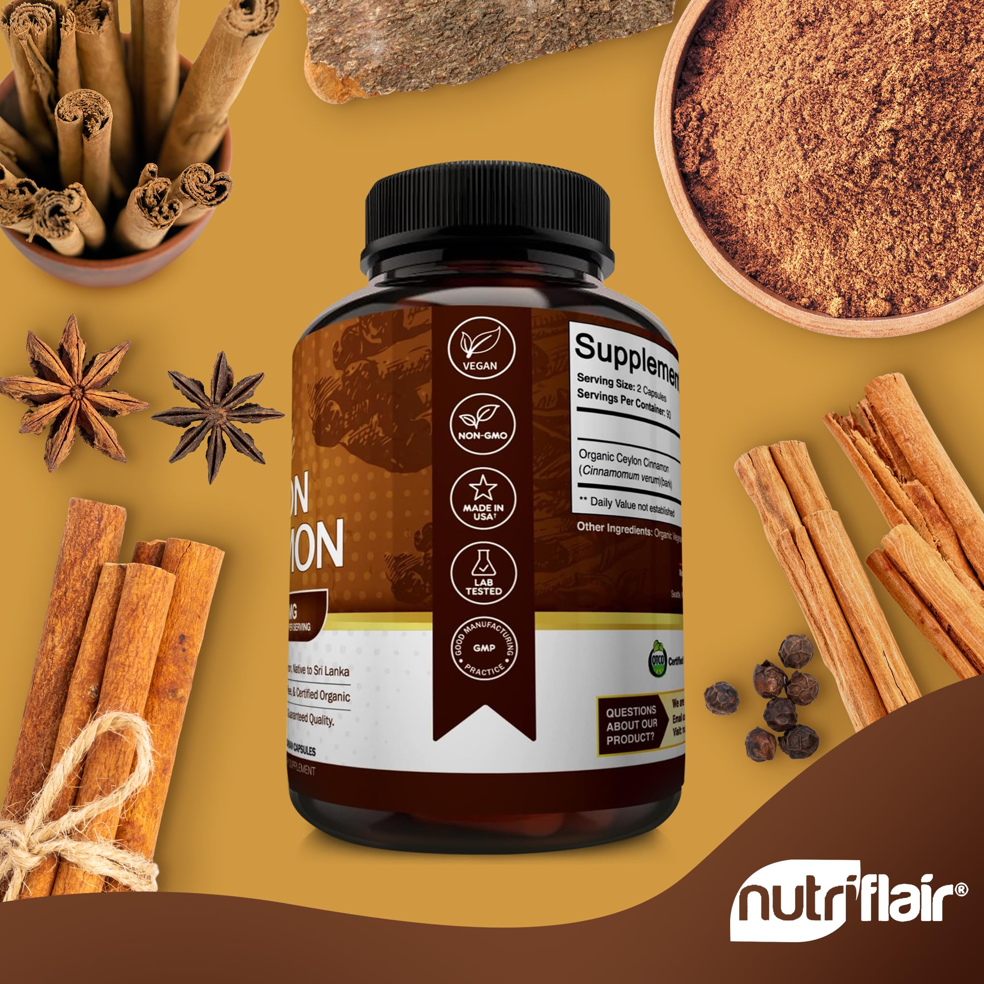 USDA Organic certification seal on NutriFlair cinnamon bottle