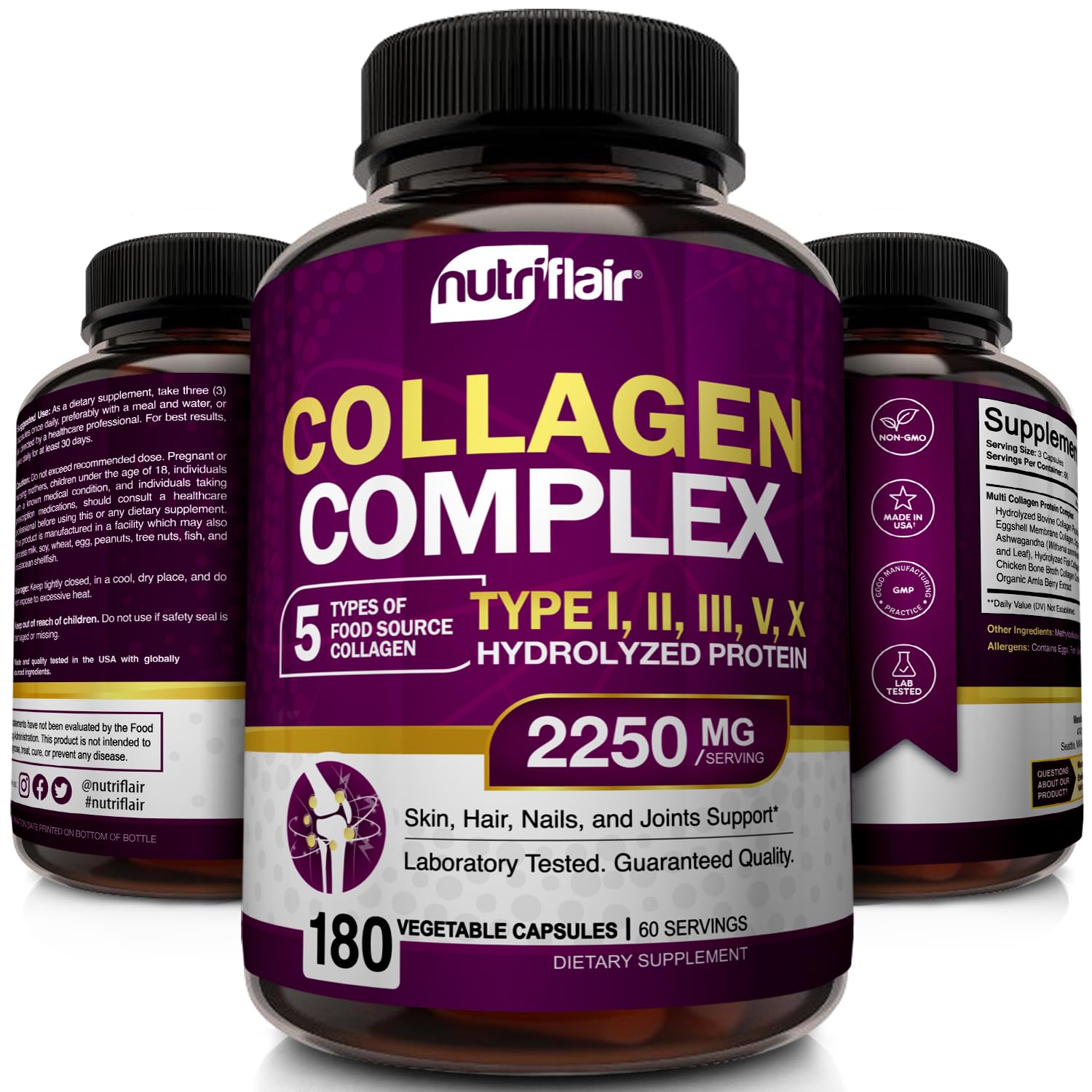 Nutrition facts panel on NutriFlair collagen bottle