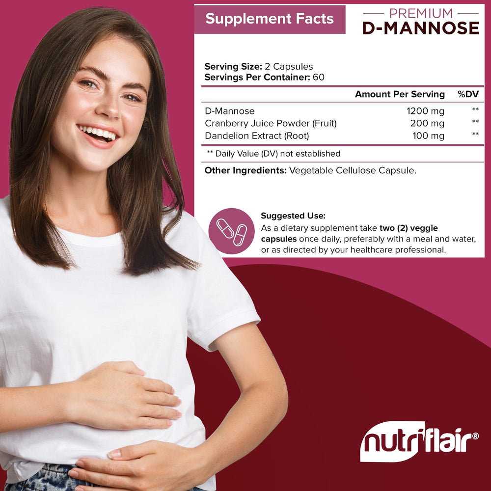Close-up of NutriFlair D-Mannose 1200mg capsules
