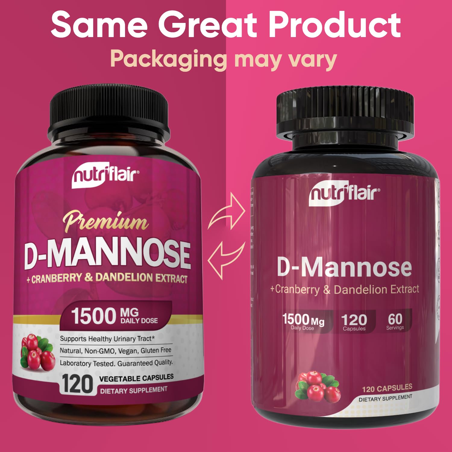 D-Mannose, cranberry and dandelion ingredients illustration