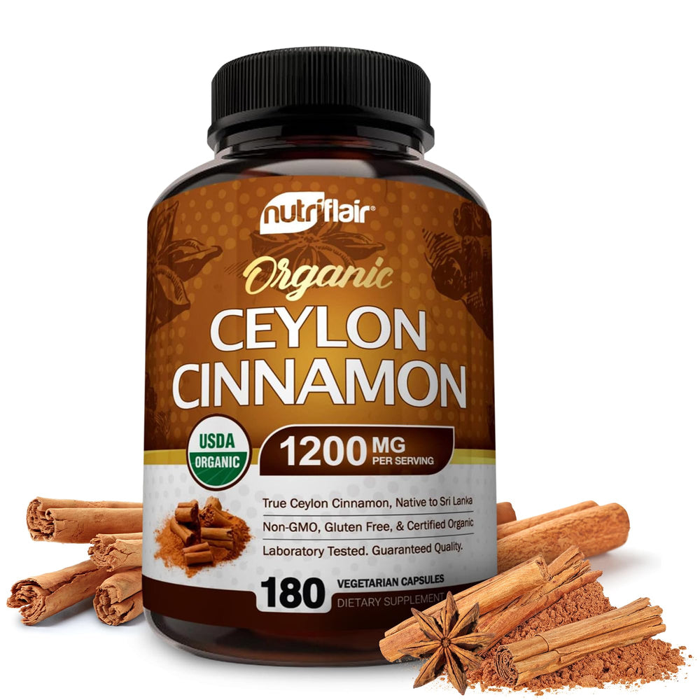 NutriFlair Organic Ceylon Cinnamon 1200 mg per serving in 180 capsules bottle