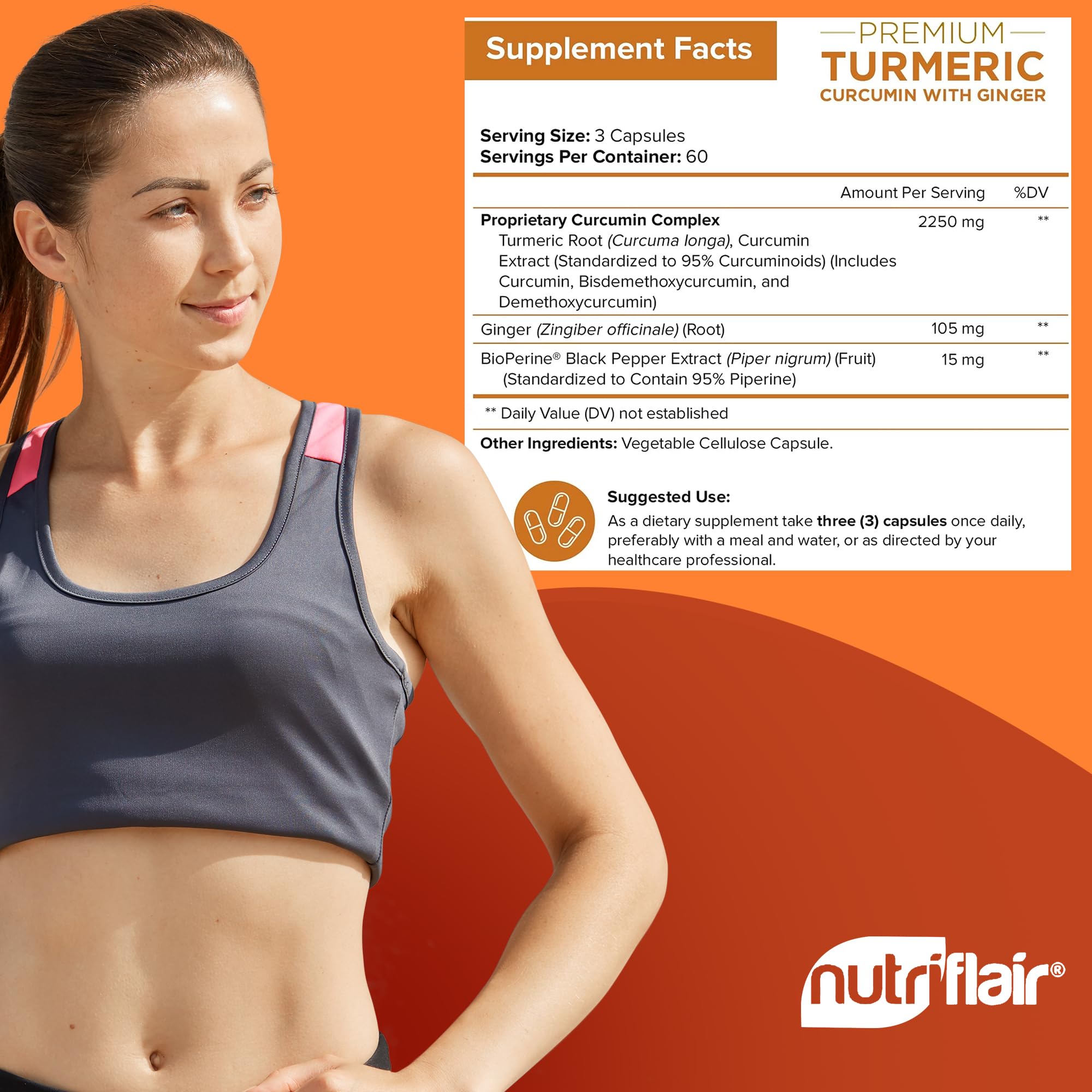 Packaging shot of NutriFlair Turmeric Curcumin 180 capsules
