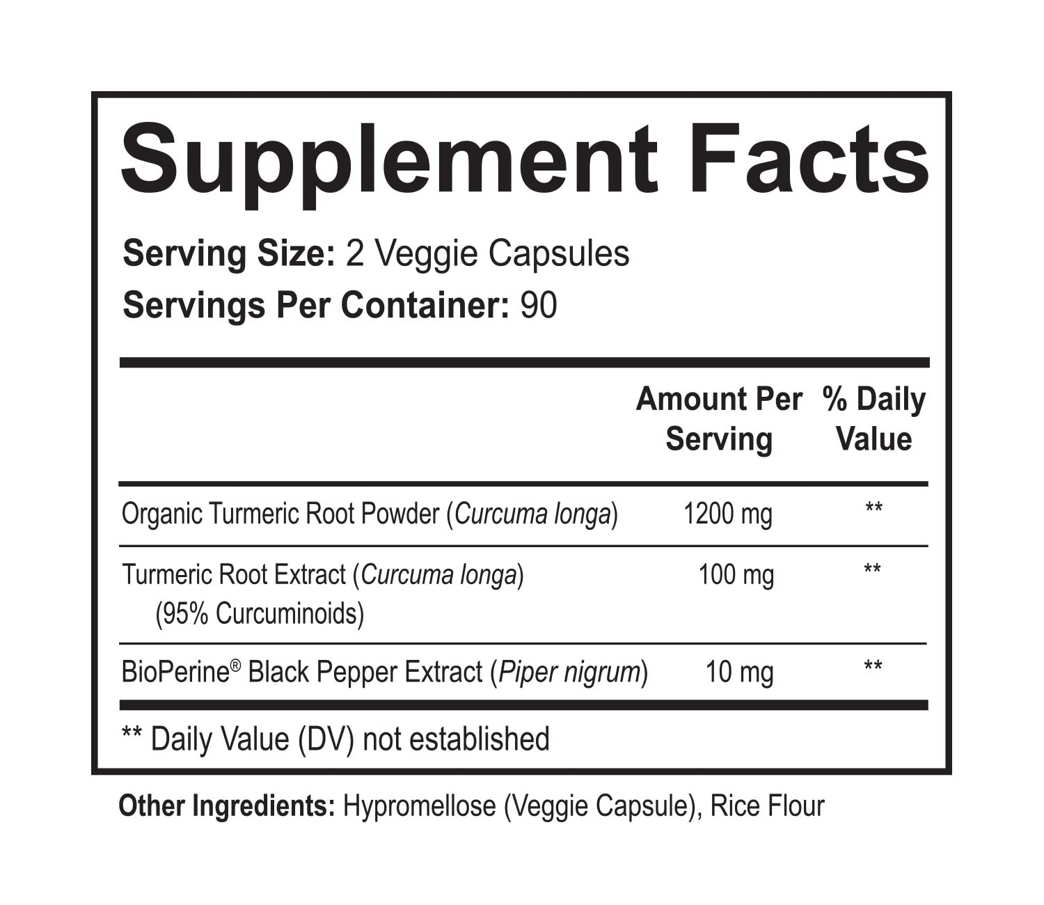 NutriFlair Turmeric Curcumin bottle - back view with supplement facts