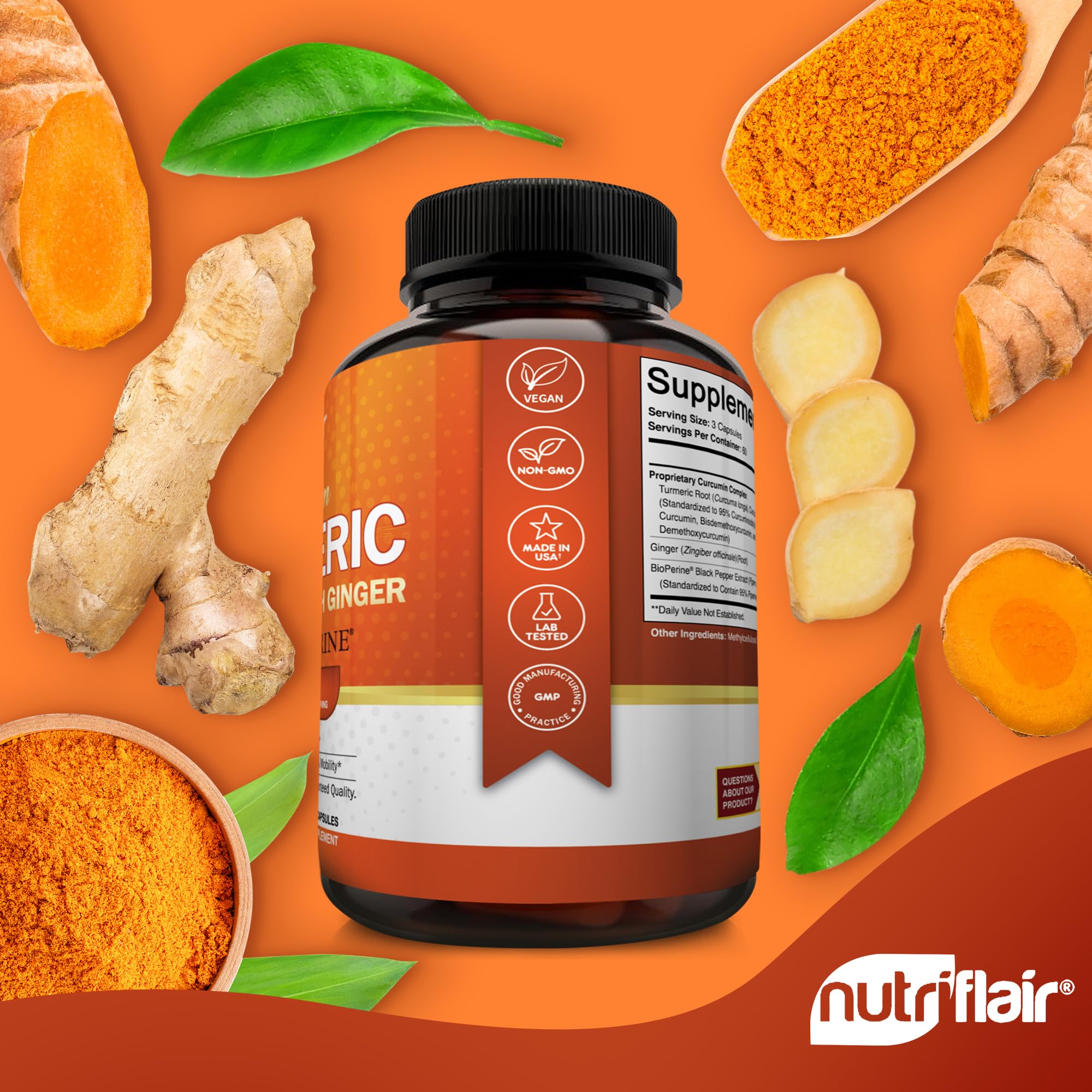 Natural non-GMO vegan certification icons for NutriFlair Turmeric Curcumin