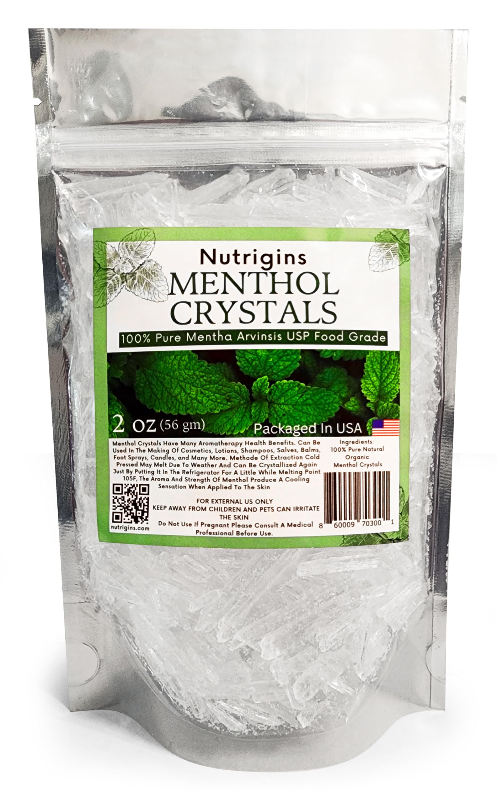 Nutrigins Menthol Crystals 2 oz resealable bag packaging