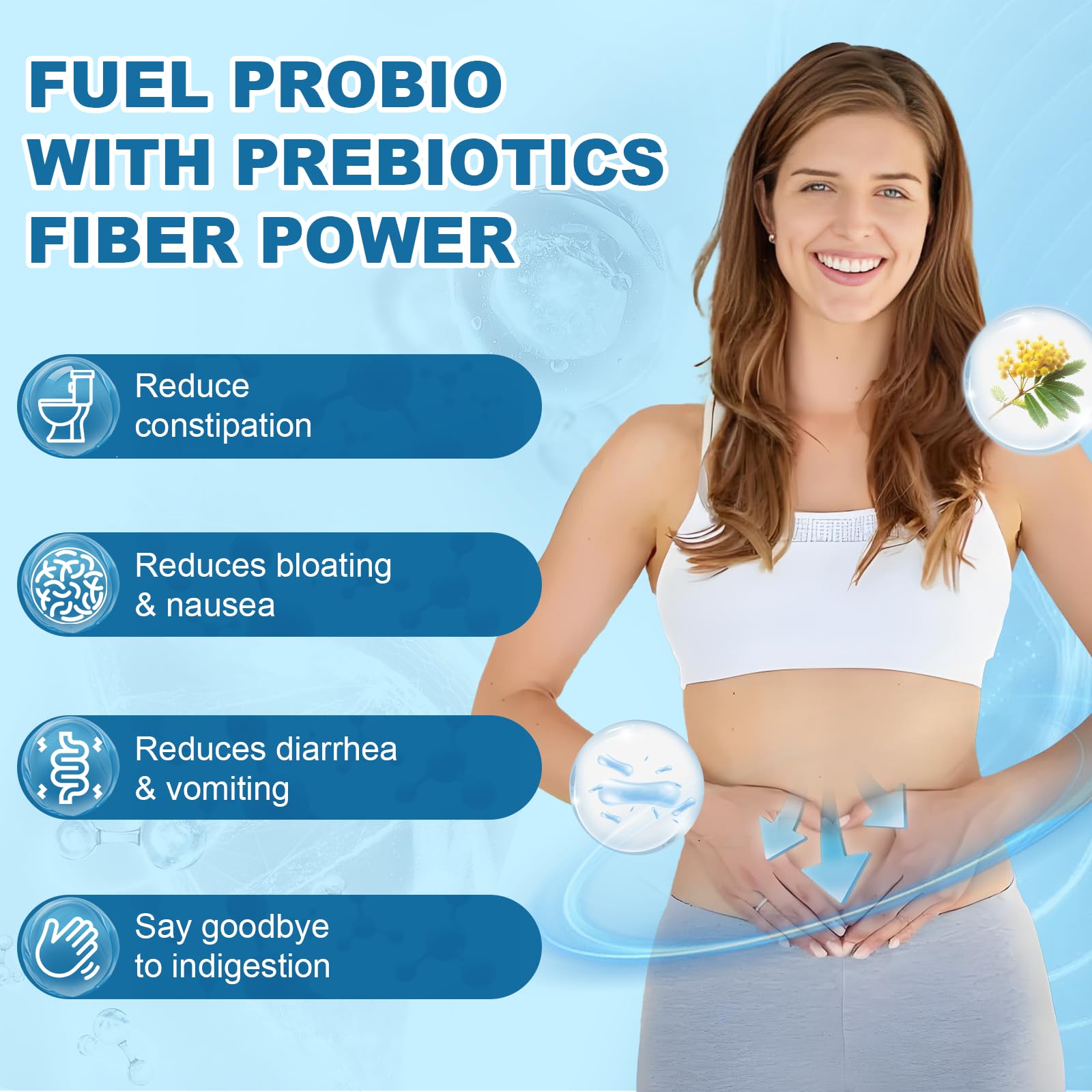 Graphic showing 20 probiotic strains and 200mg prebiotics