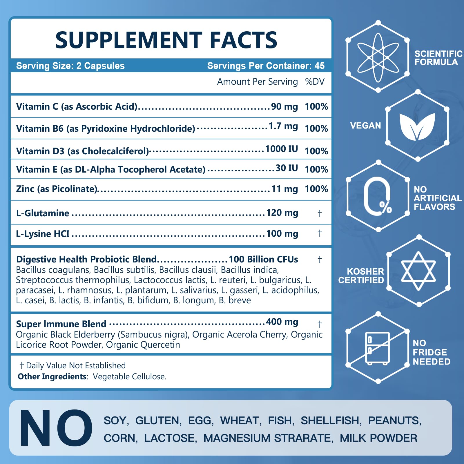 Non-GMO, no refrigeration, 30+15 days gut health support label