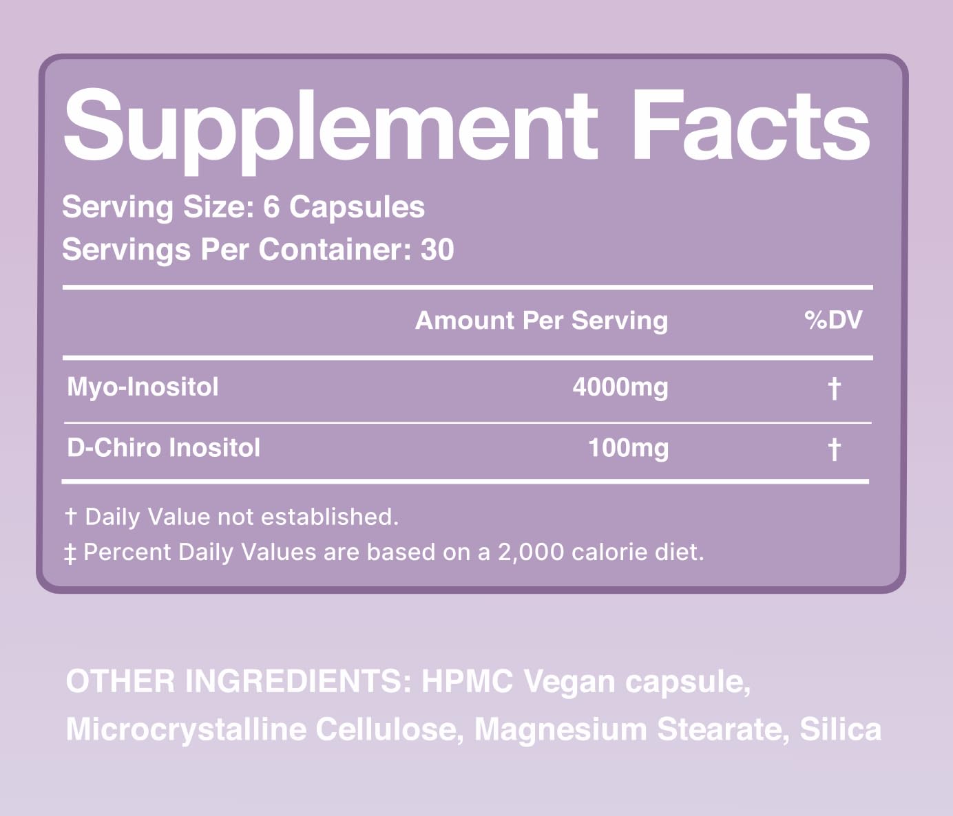 Close-up of Myo-Inositol 4000 mg & D-Chiro 100 mg label on bottle