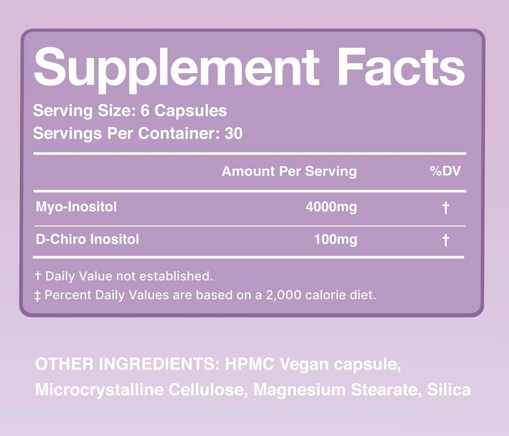 Close-up of Myo-Inositol 4000 mg & D-Chiro 100 mg label on bottle