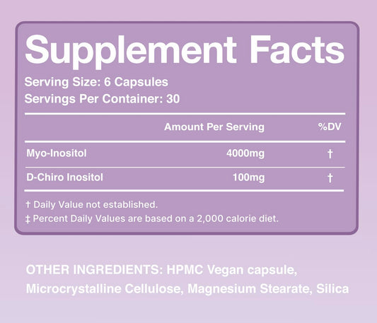 Close-up of Myo-Inositol 4000 mg & D-Chiro 100 mg label on bottle