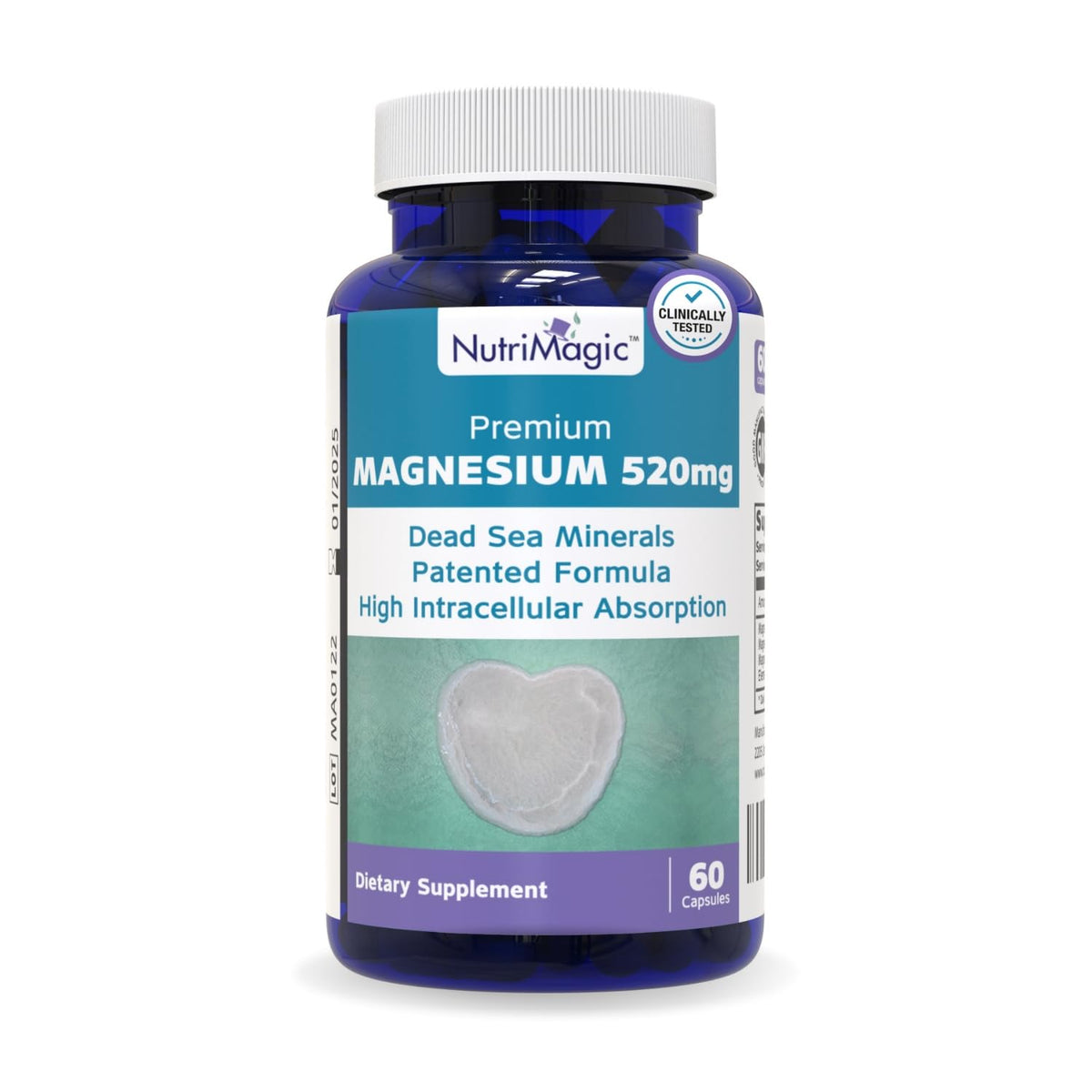 NutriMagic 520mg magnesium bottle front with 60 capsules