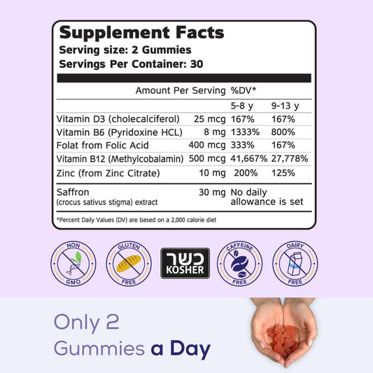 Chewable saffron gummies designed for improved focus and memory in kids