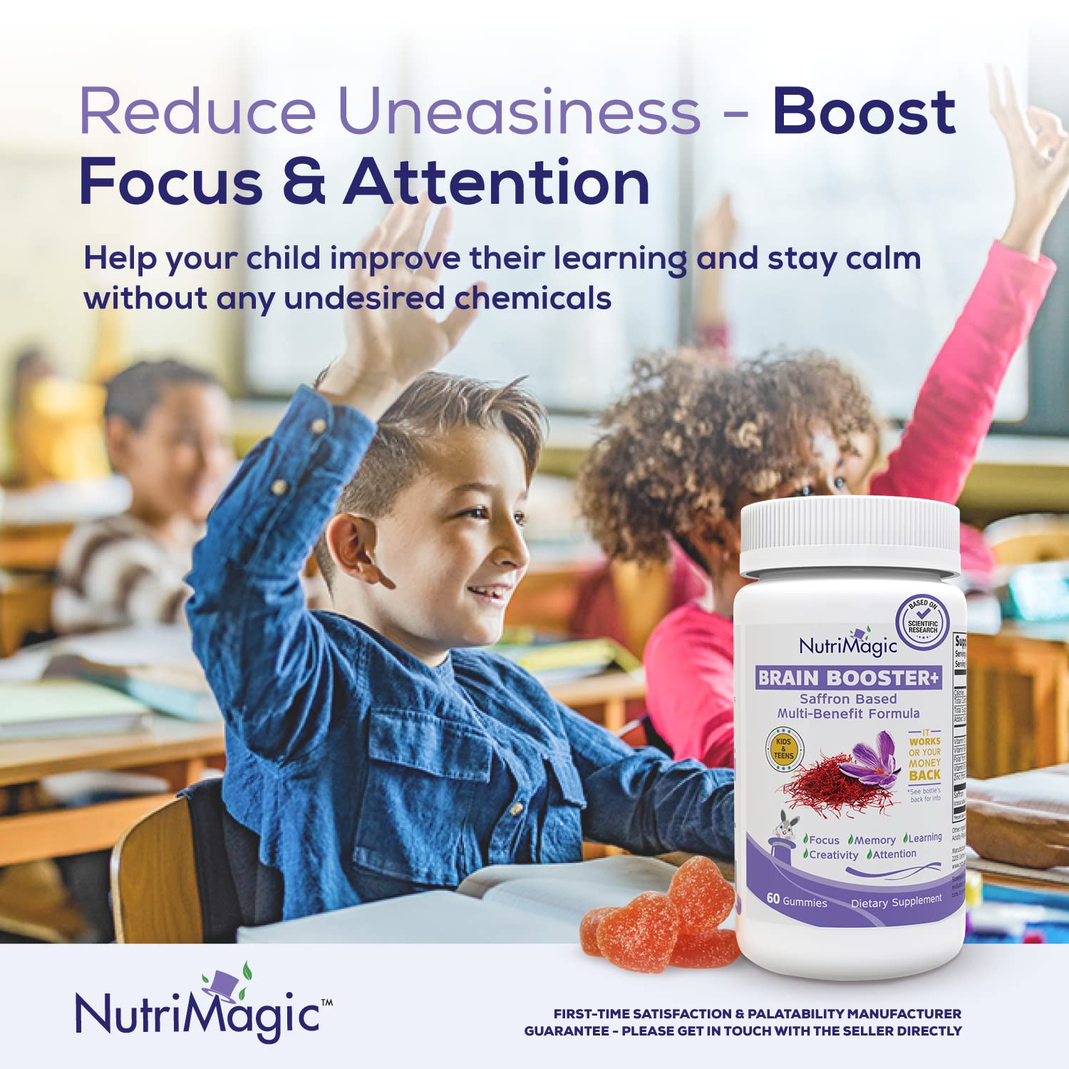 NutriMagic Brain Booster gummies close up showing vitamin D3 and B vitamins for immune support.