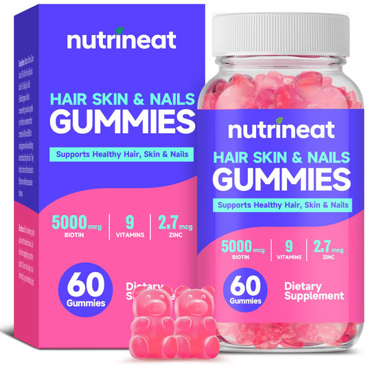 NutriNeat Hair Skin and Nails Gummies bottle with strawberry flavor