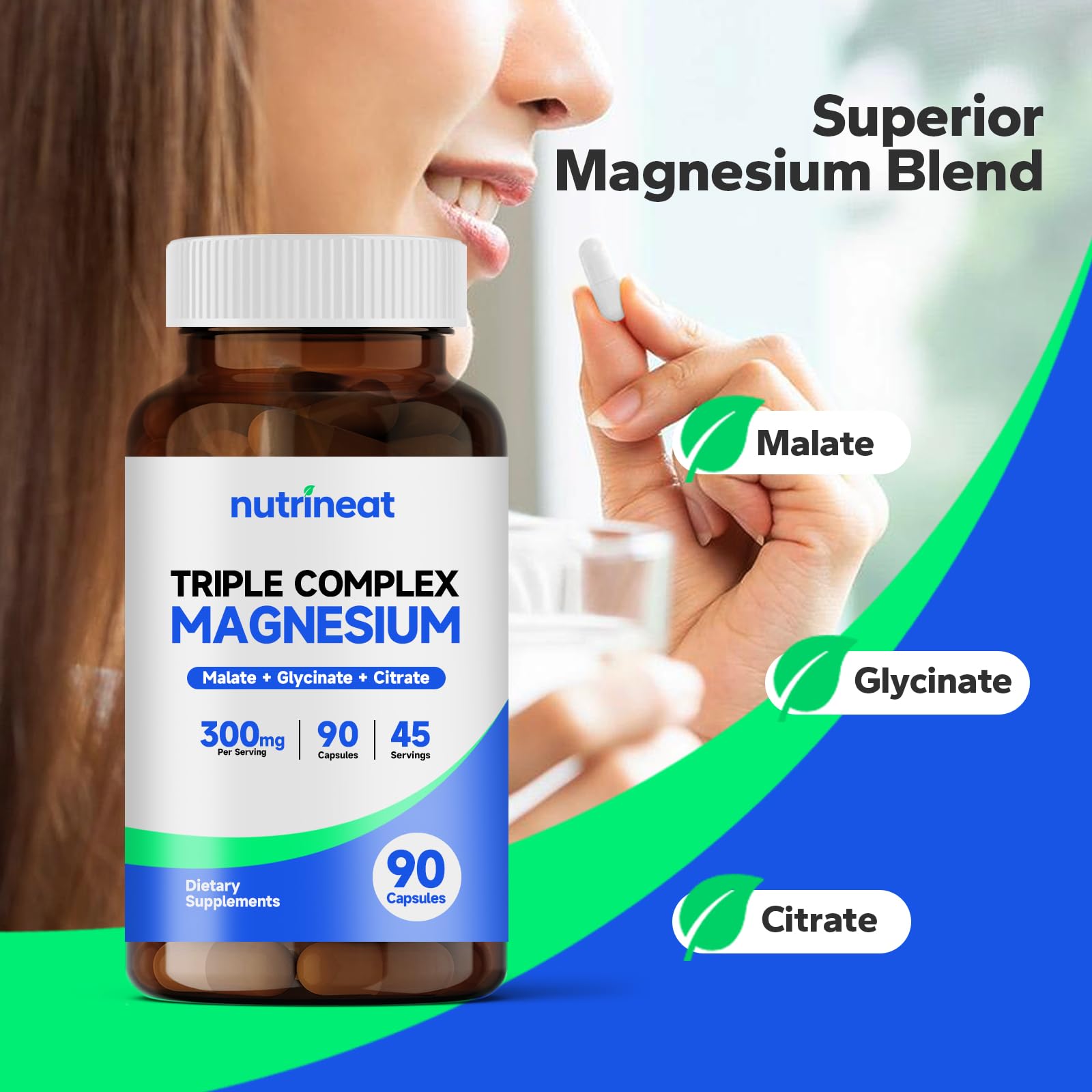 Close-up of NutriNeat magnesium capsules showing the Glycinate/Citrate/Malate blend