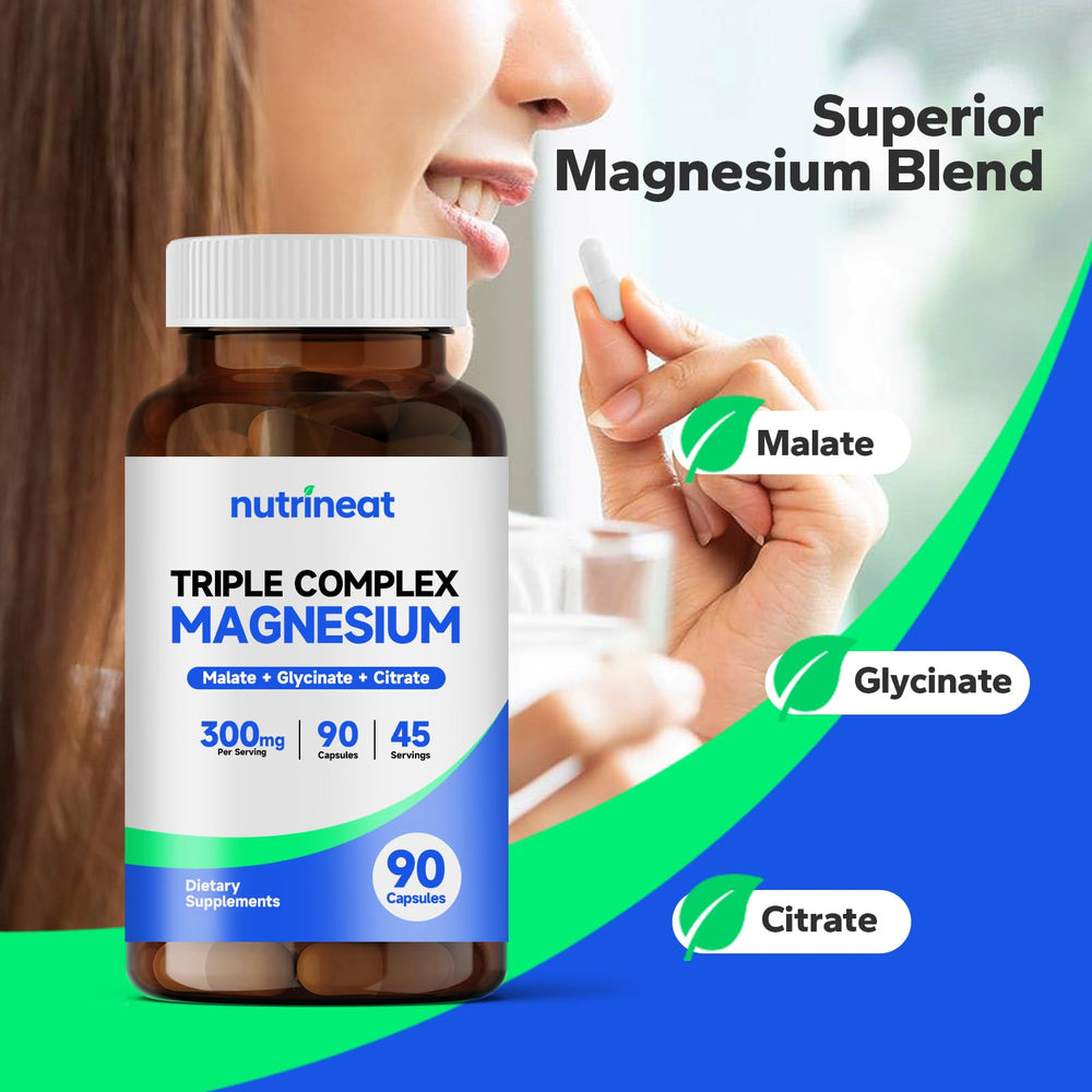 Close-up of NutriNeat magnesium capsules showing the Glycinate/Citrate/Malate blend