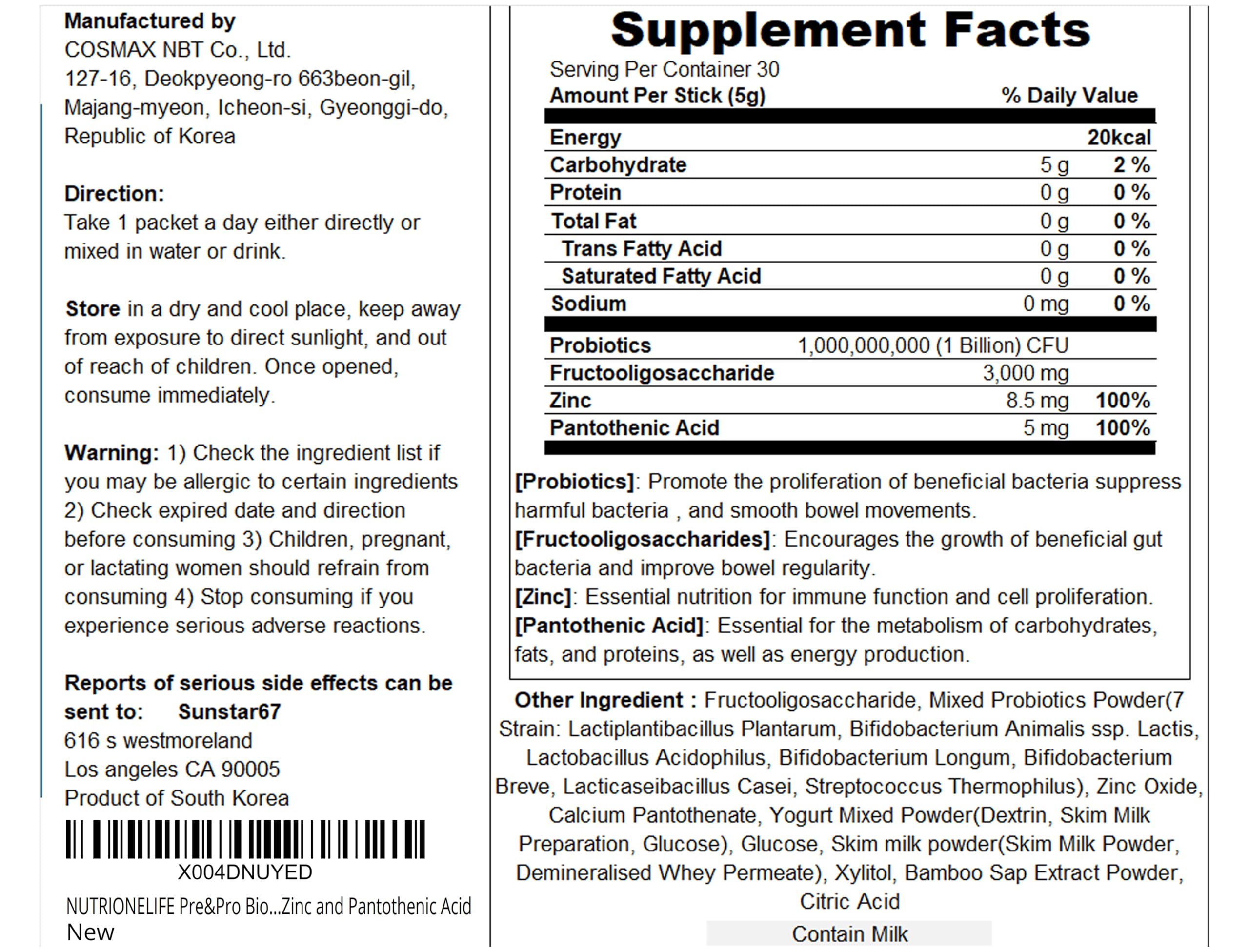 NUTRIONELIFE Pre&Pro Biotics powder packaging and scoop showing multi-strain formula