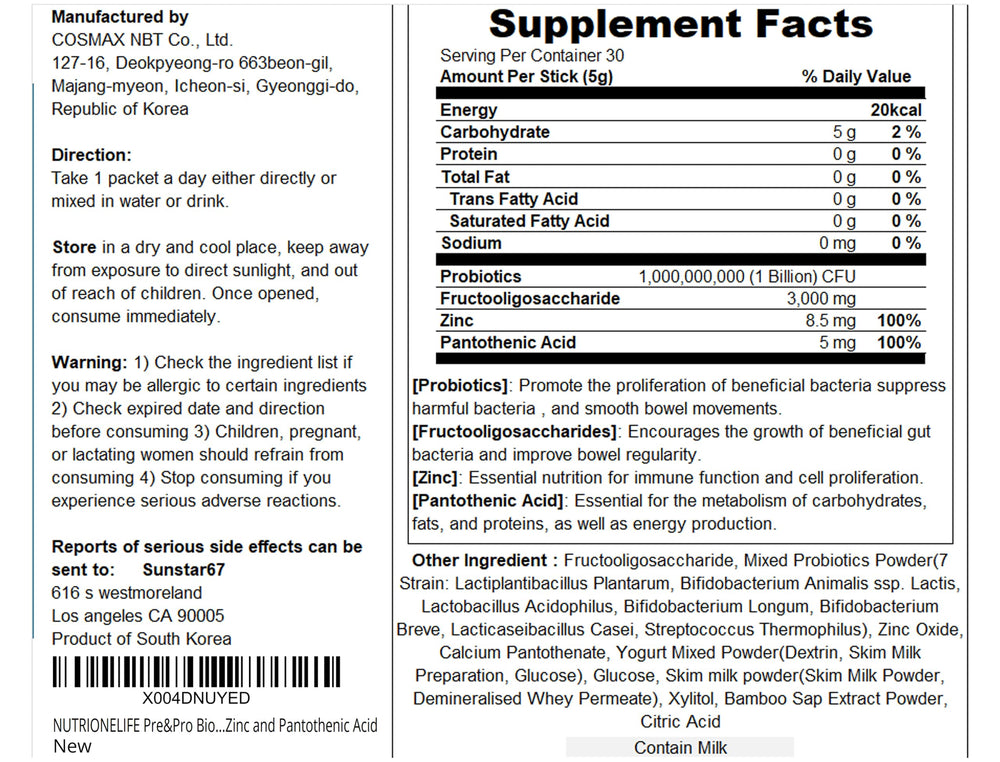 NUTRIONELIFE Pre&Pro Biotics powder packaging and scoop showing multi-strain formula