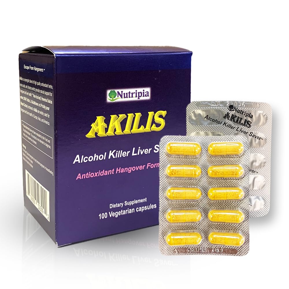 Nutripia Akilis liver support bottle shows the antioxidant formula for better mornings.