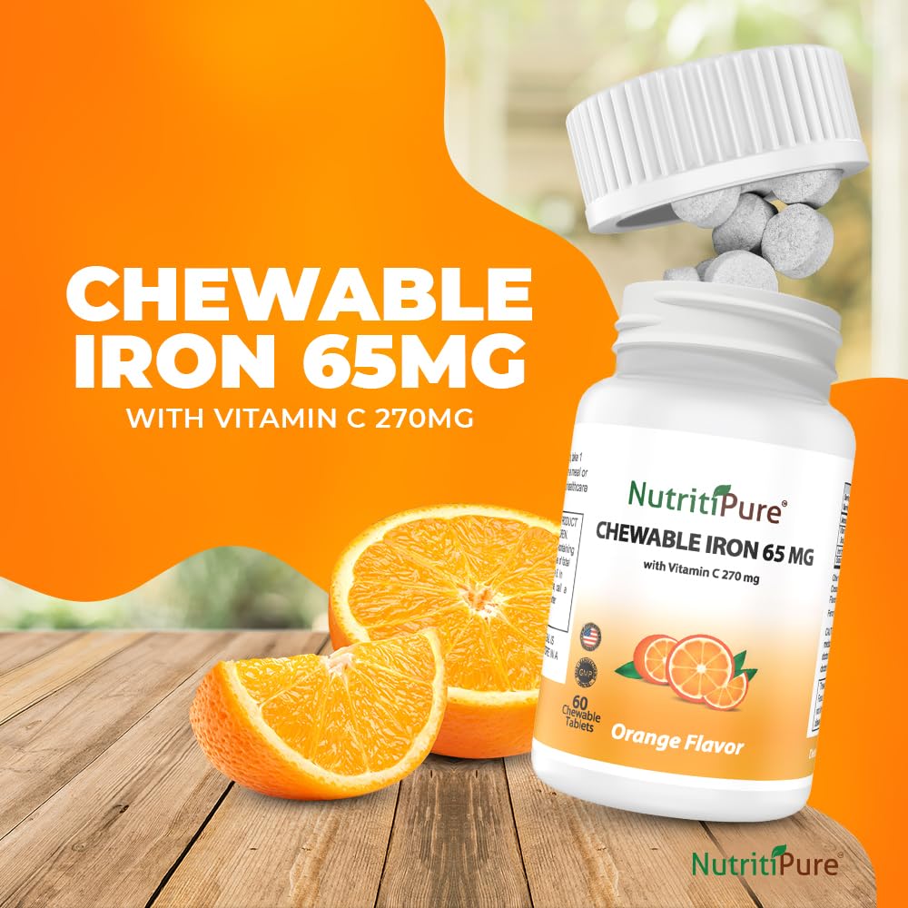 NutritiPure carbonyl iron tablets close-up shows smooth chewable form