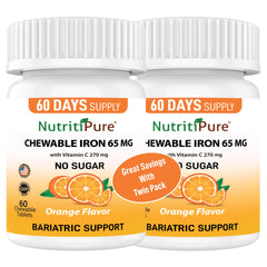 NutritiPure chewable iron 65mg orange bottle offers easy daily consumption