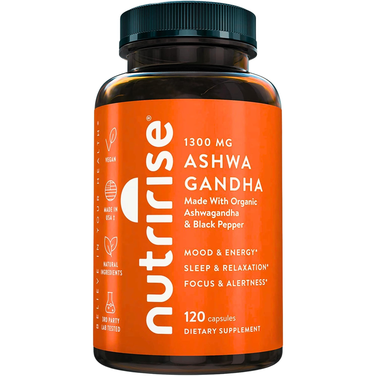 NutriRise Organic Ashwagandha 1300mg bottle – front view