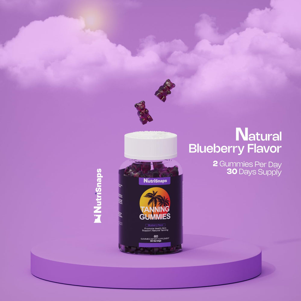 Close-up of Nutrisnaps Tanning Gummies blueberry flavor