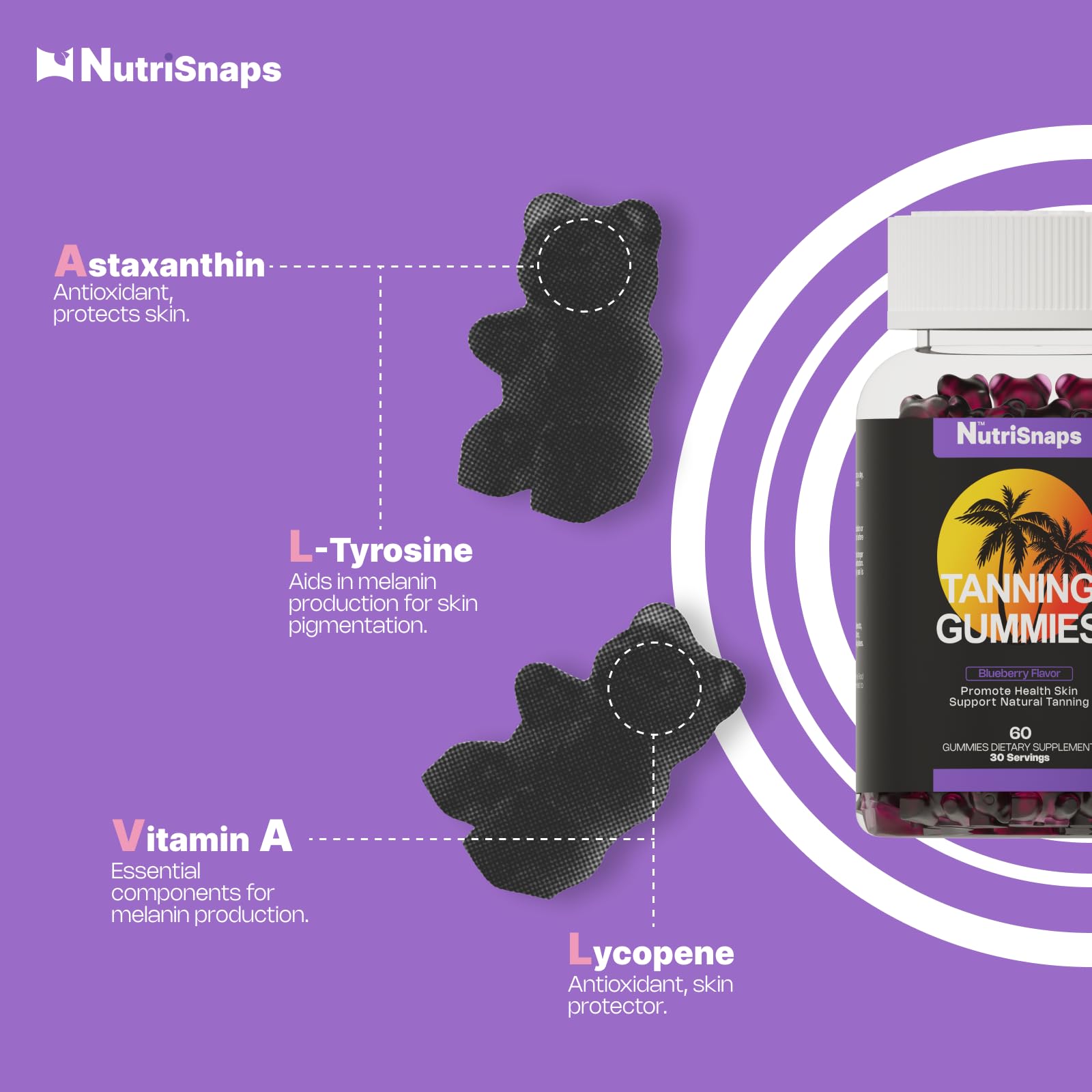 Nutrition facts label for Nutrisnaps Tanning Gummies