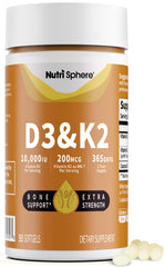 NutriSphere vitamin D3 and K2 MK-7 bottle label showing year-long supply for daily wellness